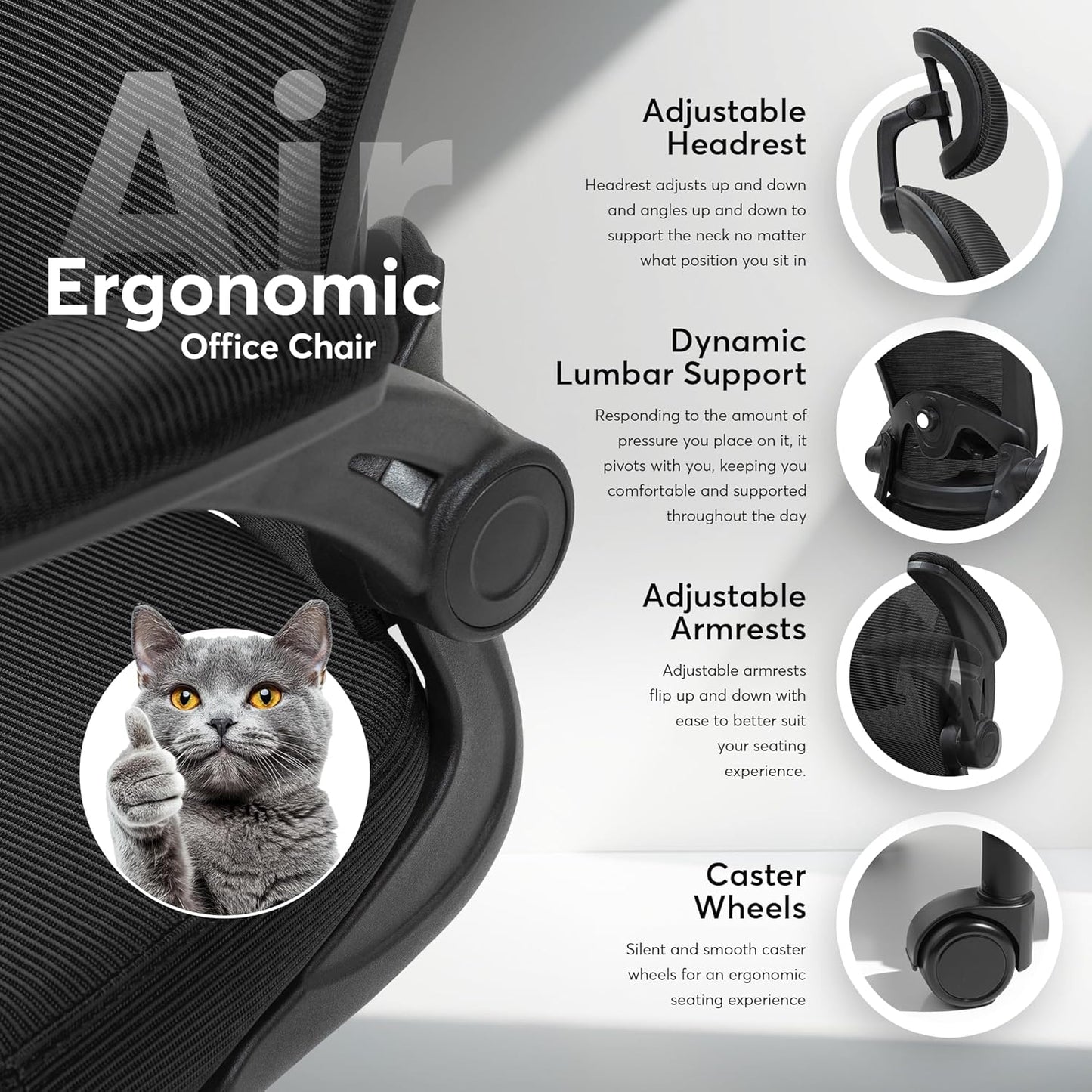 Ergoair Ergonomic Office Chair – Adjustable Lumbar Support, Flip-Up Armrests, Mesh Computer Desk Chair, Swivel Rolling Executive Gaming Chair for Home & Office (Black)