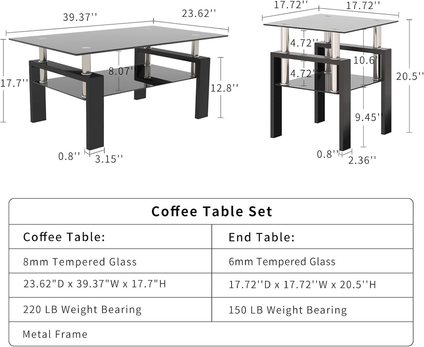 Black Glass End Tables, Small Glass Top End Table, Black Side Table, Square Shape, Tempered Glass Top, Metal Frame, for Living Room Bedroom (1Pcs End Table)