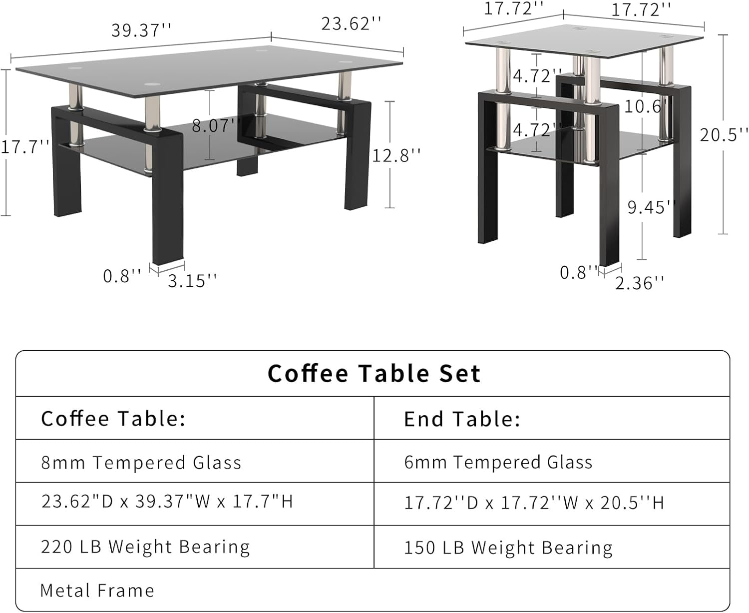 Black Glass End Tables, Small Glass Top End Table, Black Side Table, Square Shape, Tempered Glass Top, Metal Frame, for Living Room Bedroom (1Pcs End Table)