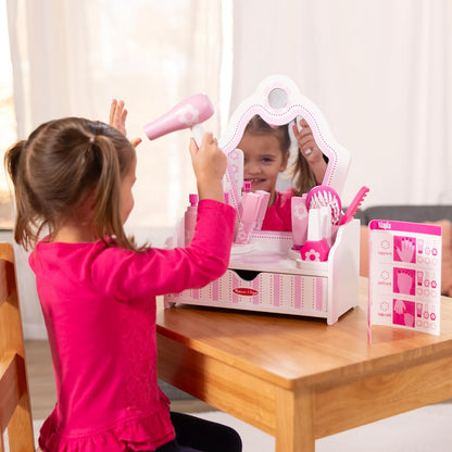 Wooden Beauty Salon Play Set, 18-Piece Vanity with Pretend Play Toys, Makeup, Mirror, Accessories & More, Preschool Toys for Girls & Boys Ages 3+ - FSC Certified