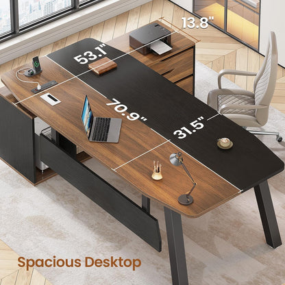 71" Executive Desk with File Cabinet, Large Office Desk with Drawers and Shelves, L Shaped Computer Desk with Power Outlets, Business Furniture Desk Workstation for Home Office, Walnut