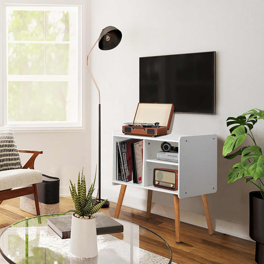 Mid-Century Record Player Stand, Vinyl Record Cabinet Holder with Storage up to 100 Albums, Record Player Table for Living Room Bedroom Office, Turntable Stand with Wood Legs, White