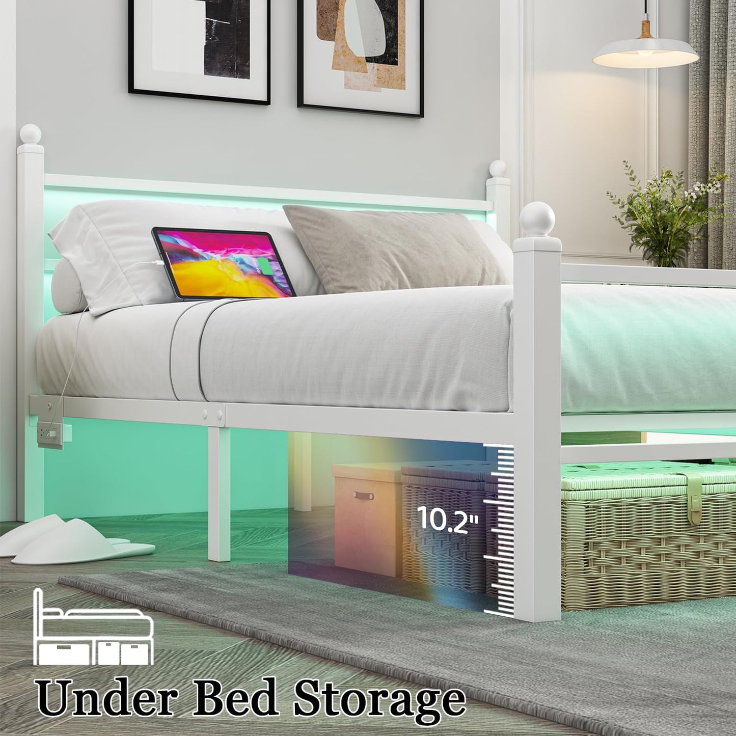 Full Size Bed Frame with Charging Station & LED Lights, Full Metal Platform Bed Frame with Headboard and Footboard, Storage Space under Bed, No Box Spring Needed, Noise Free, Easy Assembly, White