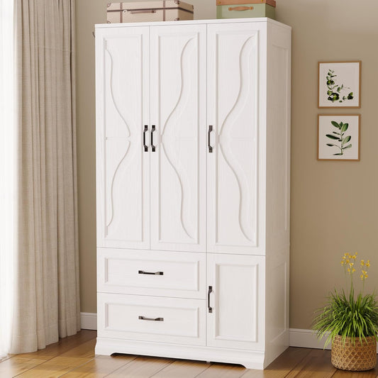 Armoire Wardrobe Closet with 4 Doors and Drawers, Wardrobe Cabinet with Storage Shelves and Side Hooks, Clothing Storage Cabinet for Bedroom, White
