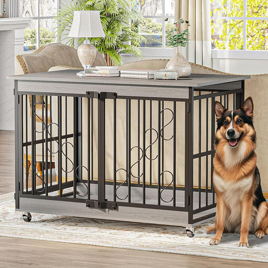 Dog Crate Furniture, 48 Inch Dog Crates for Medium/Large Dogs, Farmhouse Wood Dog Kennel Indoor Heavy Duty Dog Cage with Caster Wheels (Gray)