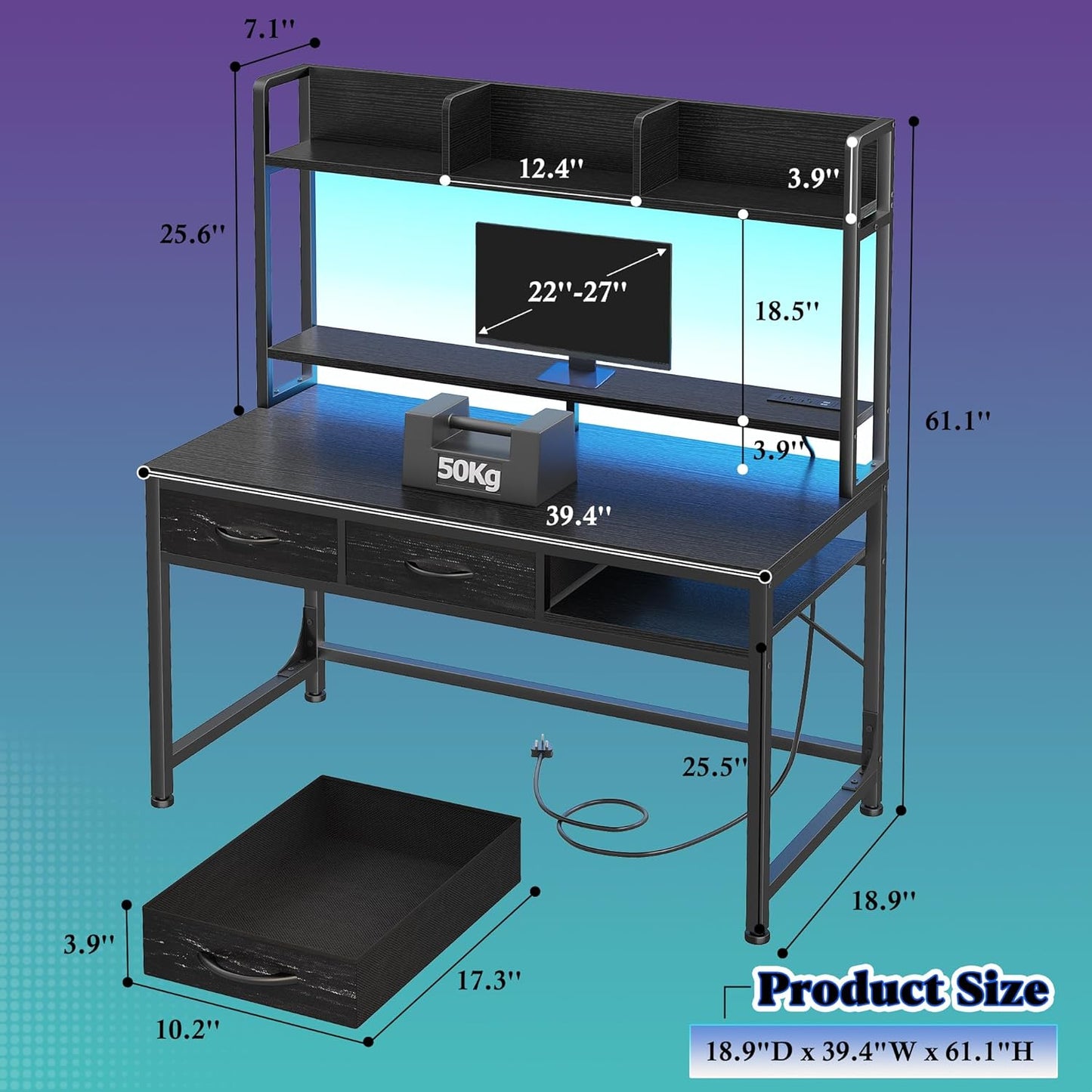 39.4" Computer Desk with Hutch & Monitor Stand,Gaming Desk with LED &Power Outlet,Writing Desk with 2Drawers &1Open Storage,Office Desk,Study Desk for Bedroom Home Office,Small Space,Black