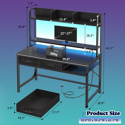 39.4" Computer Desk with Hutch & Monitor Stand,Gaming Desk with LED &Power Outlet,Writing Desk with 2Drawers &1Open Storage,Office Desk,Study Desk for Bedroom Home Office,Small Space,Black