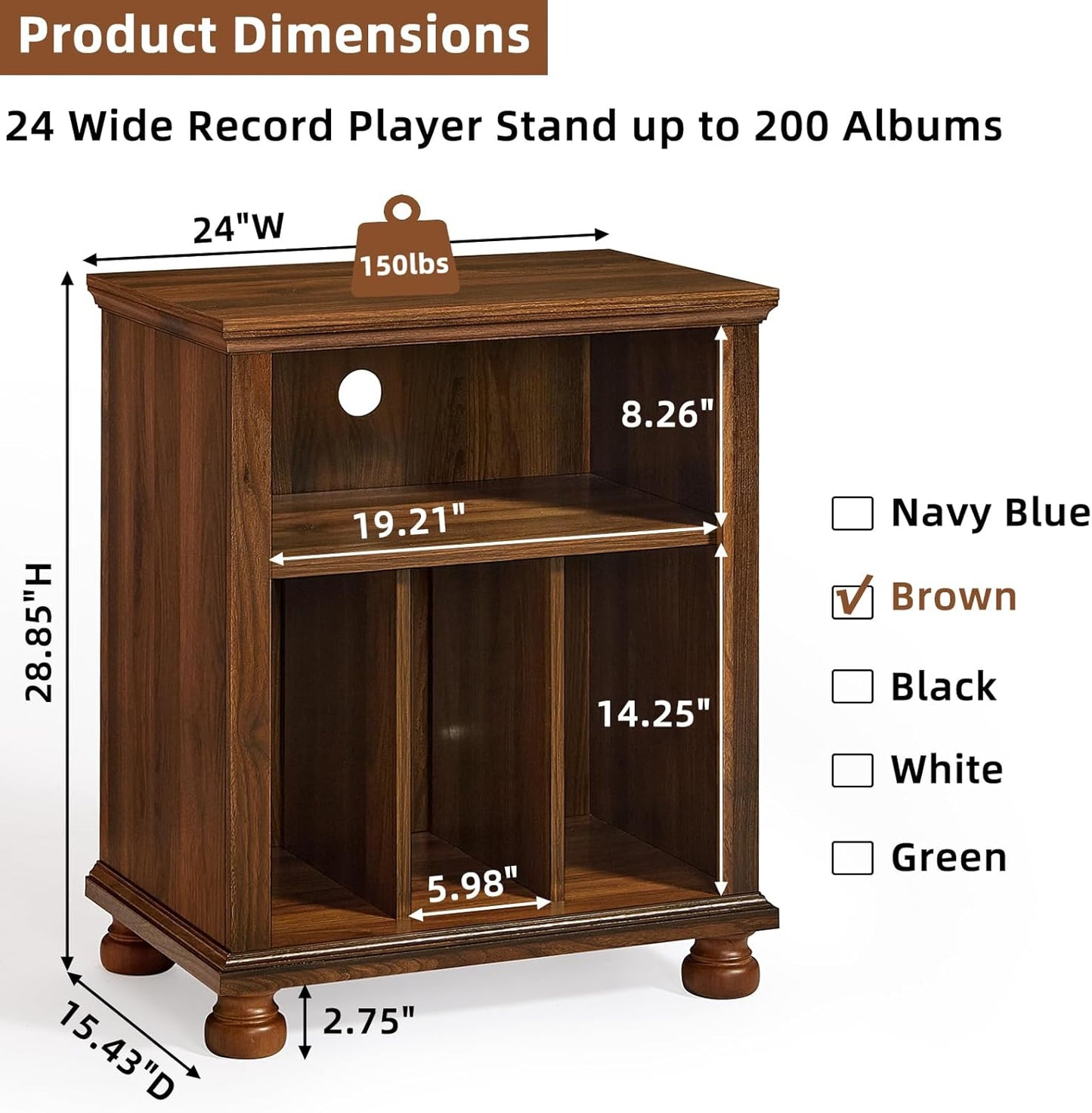 Record Player Stand with Vinyl Record Storage, 24" Wide Mid-Century Record Player Table up to 200 Albums,Large Wood Turntable Stand Cabinet Dispaly Shelf for Living Room,Bedroom,Brown