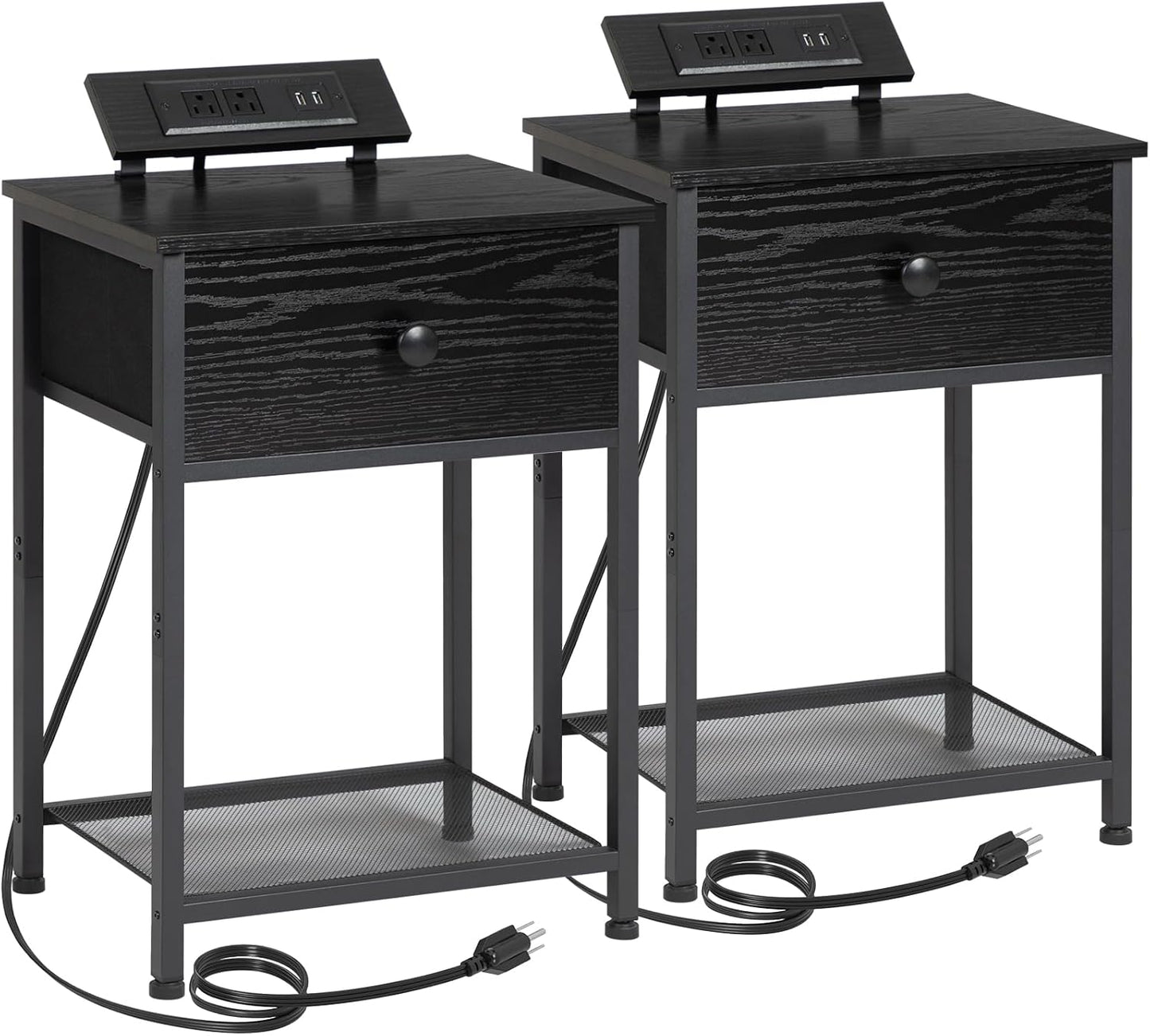 Night Stand, Black Nightstand Set of 2, Small End Tables Living Room with Charging Station, Slim Bed Side Table with Fabric Storage Drawer for Bedroom, Small Space, HET03SDPBK