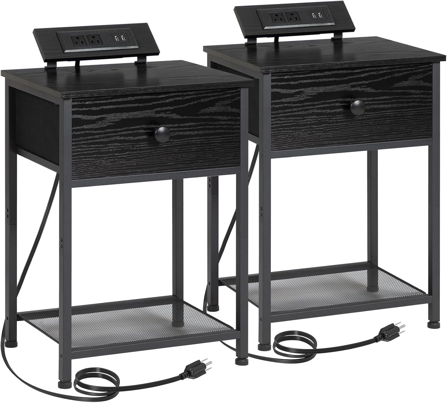 Night Stand, Black Nightstand Set of 2, Small End Tables Living Room with Charging Station, Slim Bed Side Table with Fabric Storage Drawer for Bedroom, Small Space, HET03SDPBK