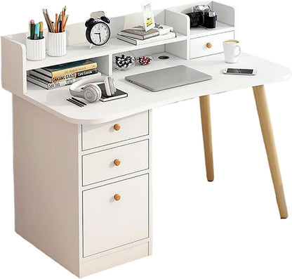 White Writing Desk with Drawer & Cabinet,Wood Computer Hutch,Home Office Desk,Small Study Desk,Workstation Pc Laptop Table for Bedroom Home Office，White B 120Cm/47
