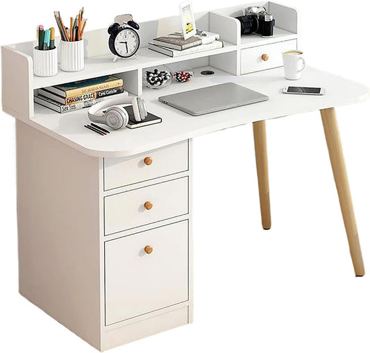 White Writing Desk with Drawer & Cabinet,Wood Computer Hutch,Home Office Desk,Small Study Desk,Workstation Pc Laptop Table for Bedroom Home Office，White B 120Cm/47