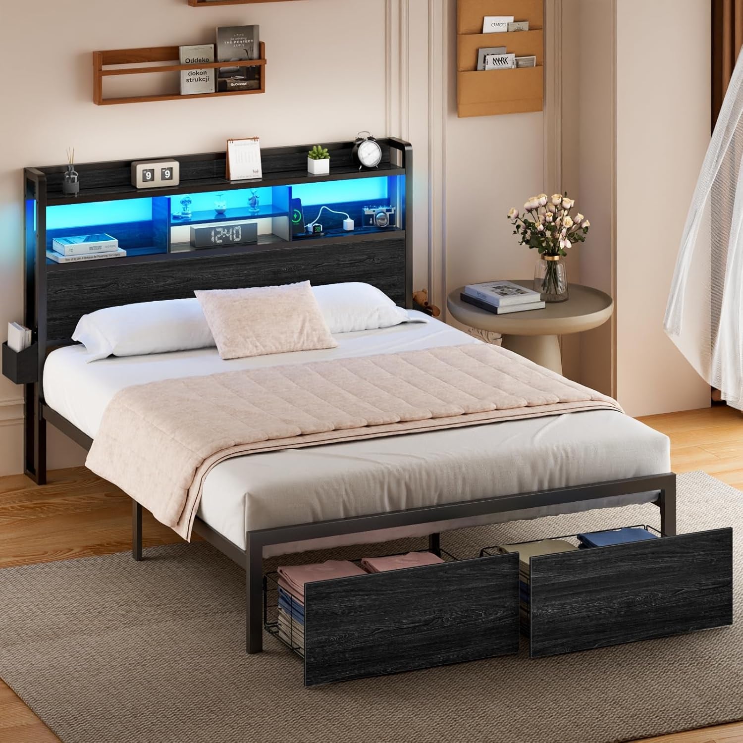 Full Size Bed Frame with Wood Headboard, Metal Platform Bed Frame Full Size with 2 Storage Drawers and Shelf, LED Lights and Charging Station, No Box Spring Needed, Noise Free, Black