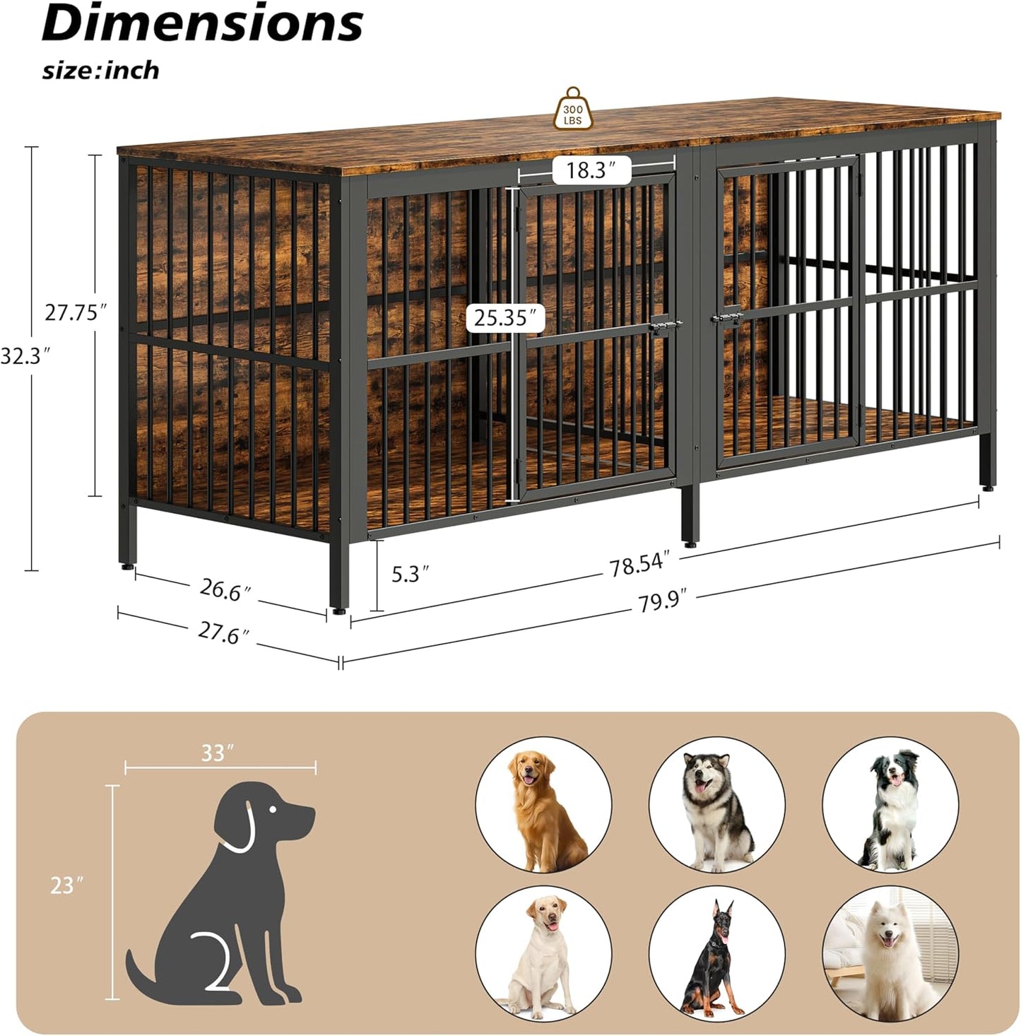 Heavy-Duty 2-Door Dog Crate End Table – Extra Large Multipurpose Pet Kennel Furniture for Large & Medium Dogs, Rustic Wood TV Stand/Side Table, Easy Assembly & Indoor Use (Rustic Brown)