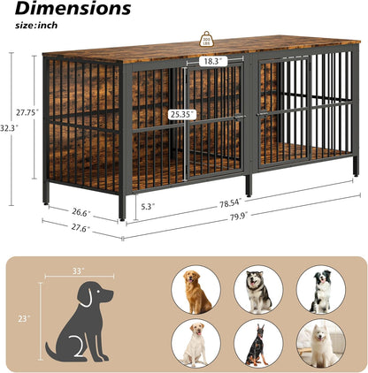Heavy-Duty 2-Door Dog Crate End Table – Extra Large Multipurpose Pet Kennel Furniture for Large & Medium Dogs, Rustic Wood TV Stand/Side Table, Easy Assembly & Indoor Use (Rustic Brown)