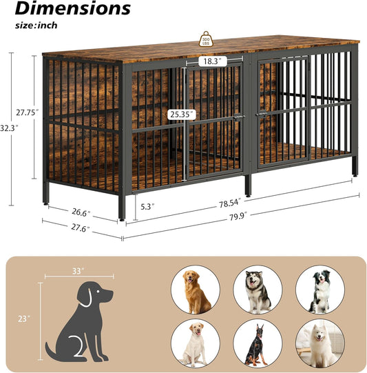80" Heavy Duty Dog Crate Furniture with Rustic Wood Top - 3-In-1 Large Indoor Dog Kennel End Table & TV Stand, Double Door Pet House for Medium/Large Dogs (Up to 150Lbs), Easy Assembly