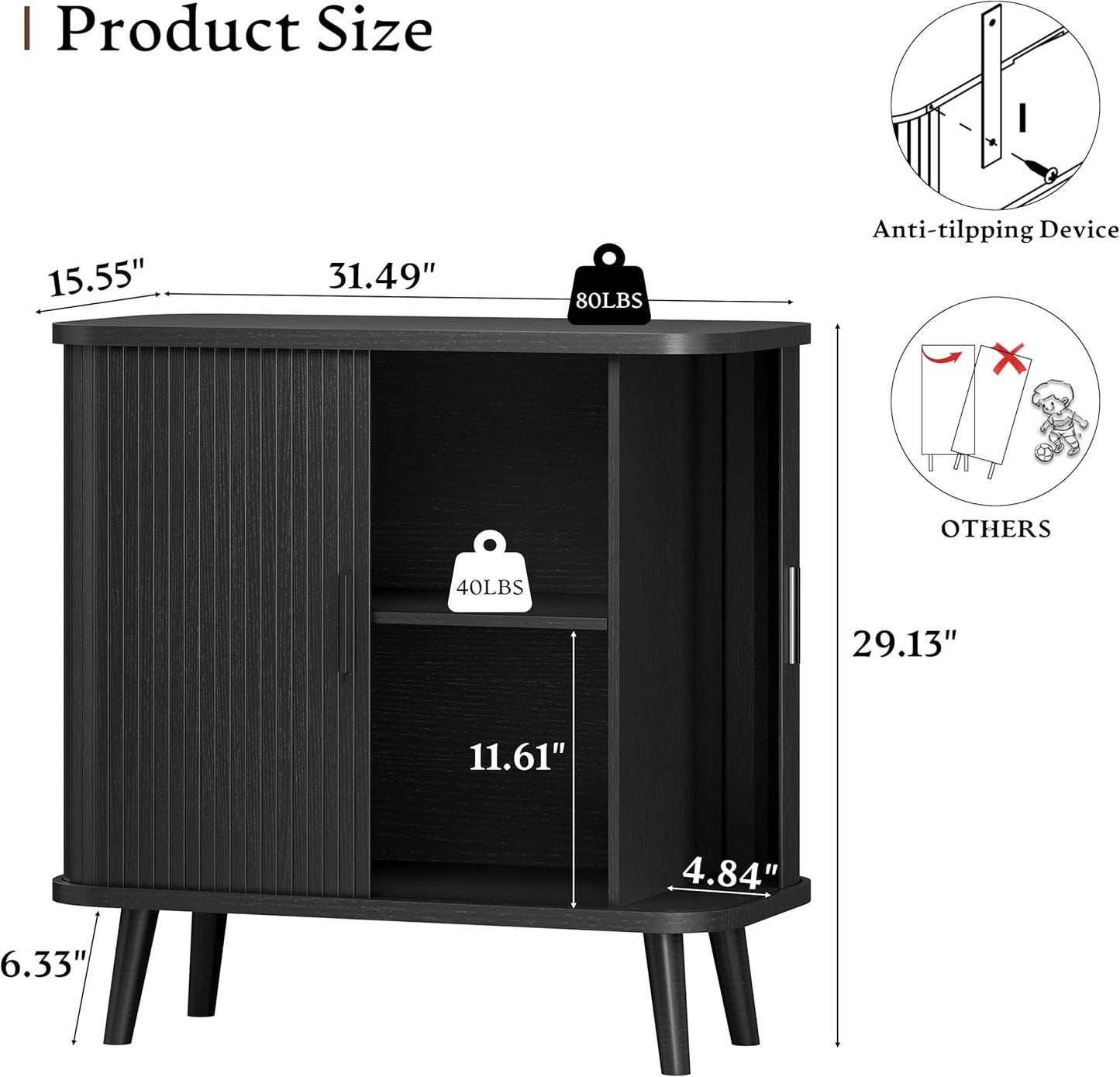 Sideboard Buffet Cabinet with Sliding Door, 31.5" Wide Fluted Modern Accent Storage Cabinet with Adjustable Shelves, Wood Coffee Bar Buffet Console Table for Kitchen, Dining Room, Living Room, Black