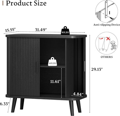 Sideboard Buffet Cabinet with Sliding Door, 31.5" Wide Fluted Modern Accent Storage Cabinet with Adjustable Shelves, Wood Coffee Bar Buffet Console Table for Kitchen, Dining Room, Living Room, Black