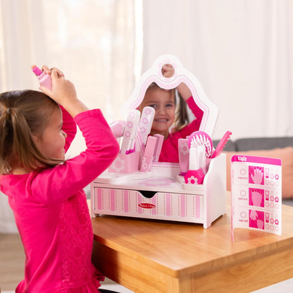 Wooden Beauty Salon Play Set, 18-Piece Vanity with Pretend Play Toys, Makeup, Mirror, Accessories & More, Preschool Toys for Girls & Boys Ages 3+ - FSC Certified