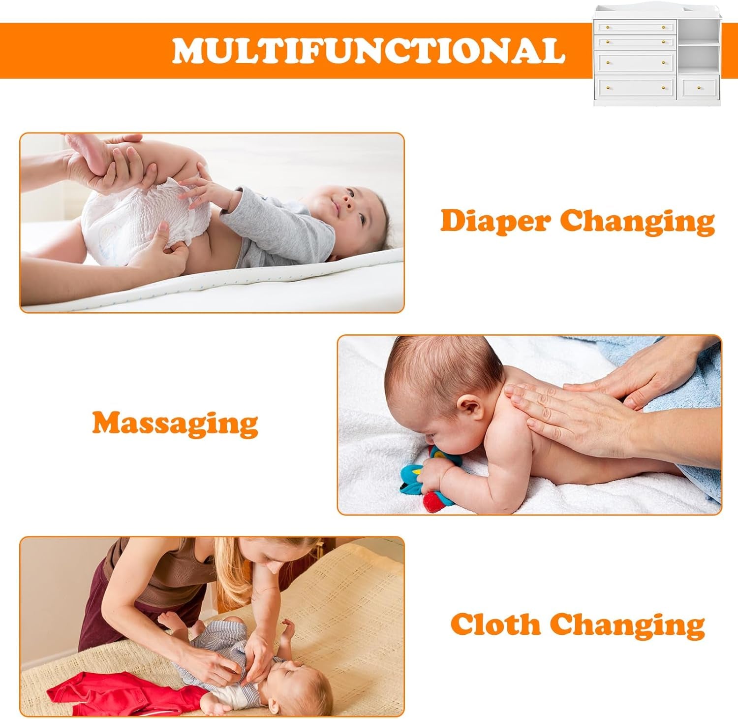 White Changing Table Dresser, Baby Nursery Dresser, Baby Diaper Changing Table, 5 Drawers, Adjustable Shelves, Metal Handle, Curved Wrapping Design, White