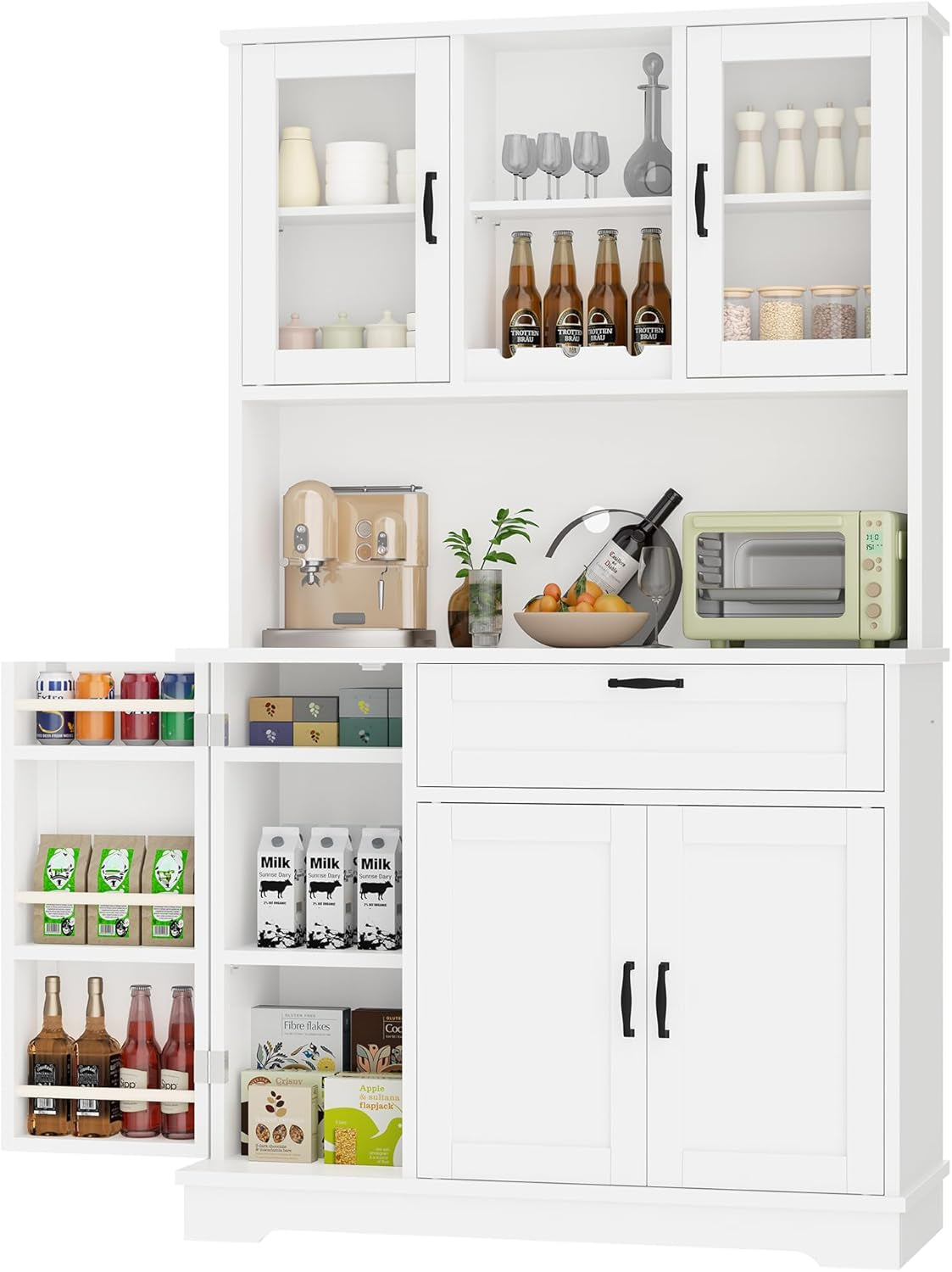 Kitchen Pantry Storage Cabinet, Freestanding Buffet Cabinet with Microwave Stand & 4 Door Shelves, Kitchen Hutch with Doors, Adjustable Shelves and Wine Rack, White
