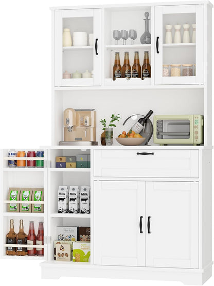 Kitchen Pantry Storage Cabinet, Freestanding Buffet Cabinet with Microwave Stand & 4 Door Shelves, Kitchen Hutch with Doors, Adjustable Shelves and Wine Rack, White