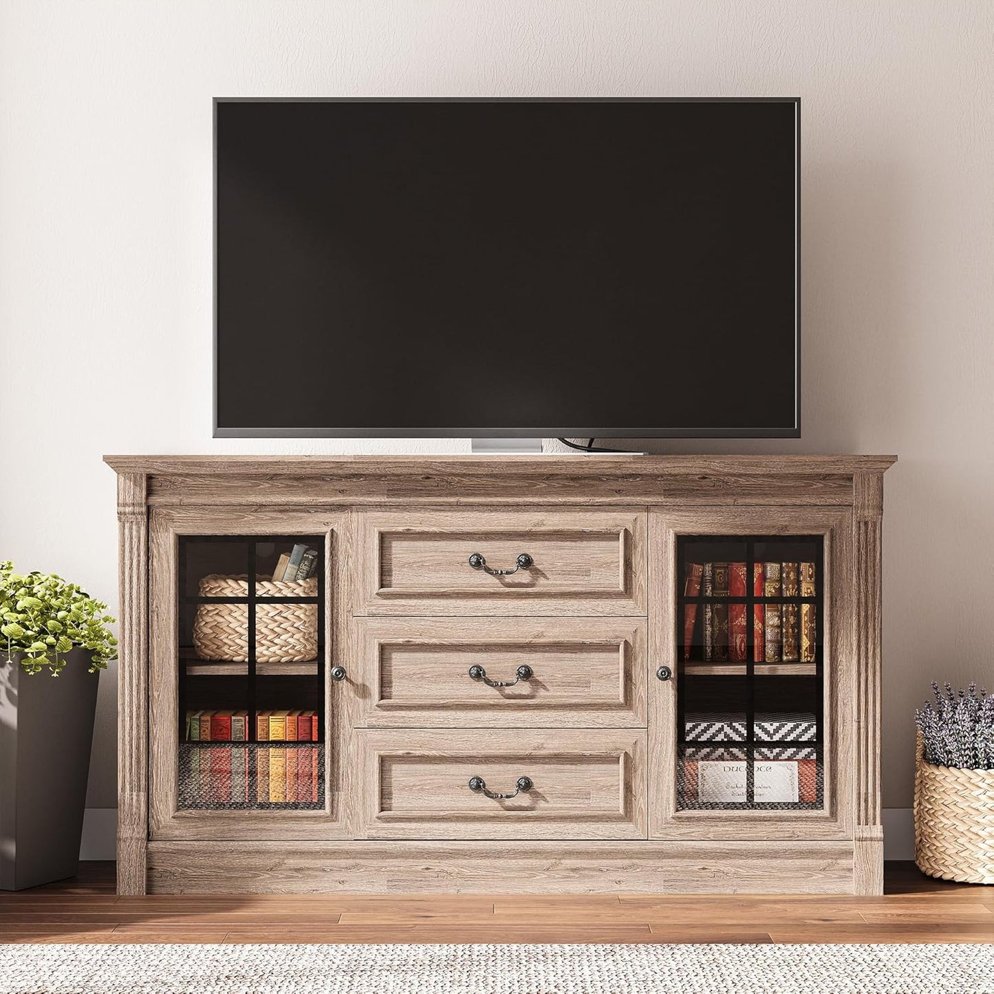 Farmhouse TV Stand for 65 Inch TV with Outlets, 59" Entertainment Center with 3 Drawers and 2 Storage Cabinet, Glass Doors and Adjustable Shelf, Console Tables for Living Room, Light Rustic Oak