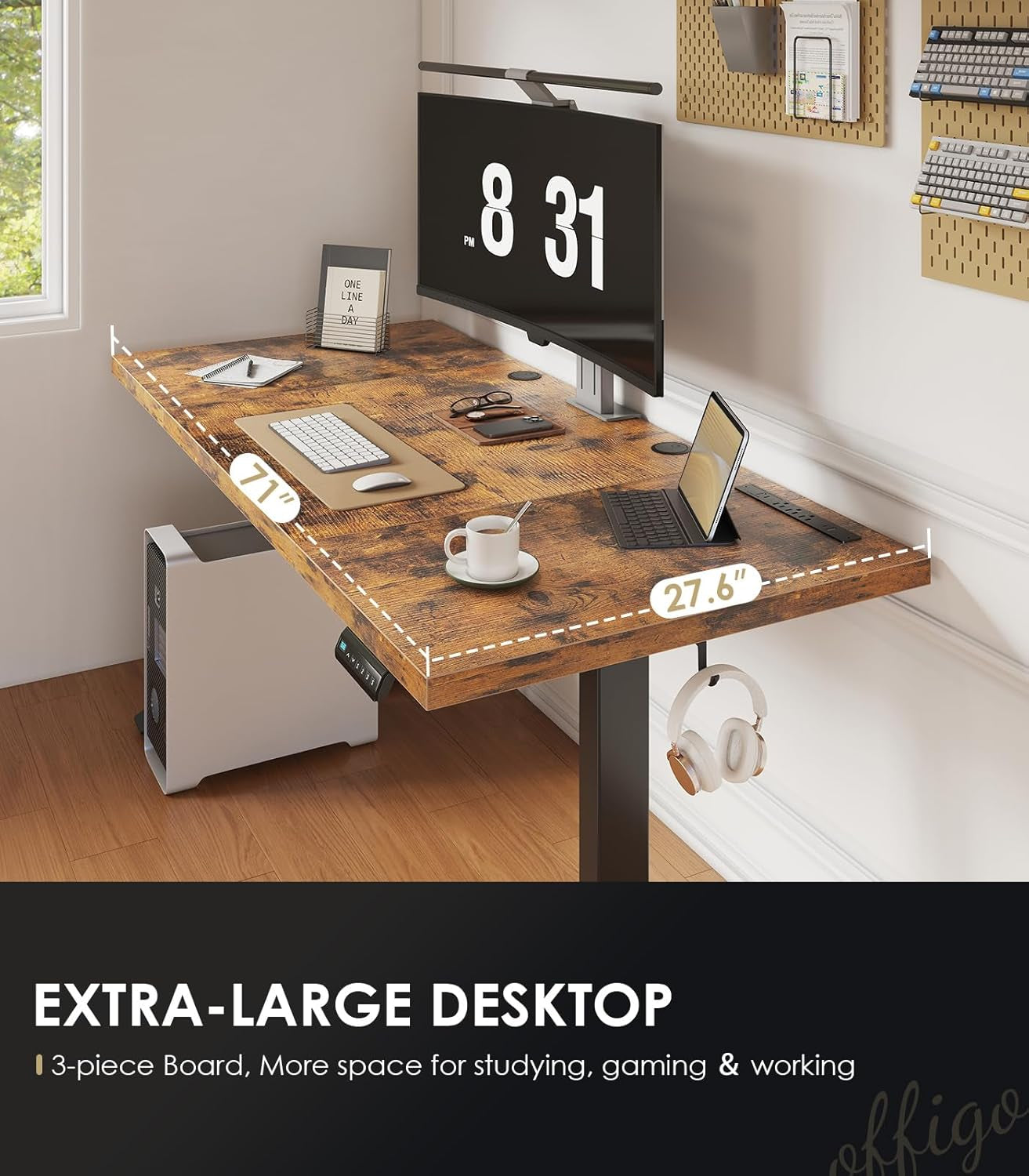 71 Inch Executive Electric Standing Desk, Height Adjustable Desk with Power Outlet & 1.38" Thick 3-Piece Desktop, Sit Stand Computer Desk for Home, Office, Conference Room, Rustic Brown