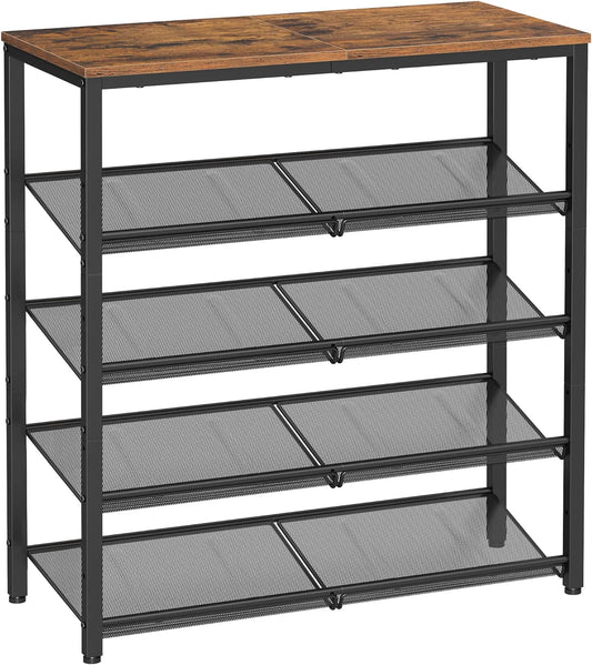 Shoe Rack for Entryway, 5-Tier Shoe Rack Organizer with Storage Shelves and Spacious Top, Freestanding, Adjustable, Industrial, Rustic Brown and Ink Black ULBS038B01