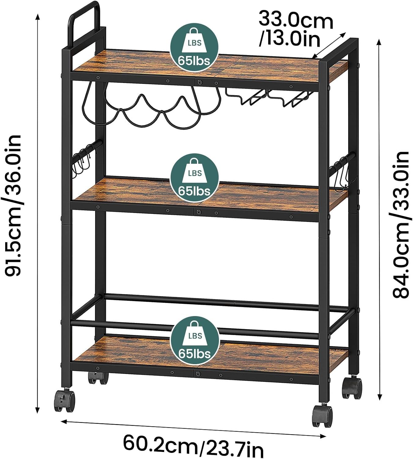 Bar Cart, Serving Cart for Home, Microwave Cart, Drink Cart, Mobile Kitchen Shelf with Wine Rack and Glass Holder, Rolling Beverage Cart for Dining Room(Rustic Brown and Black)