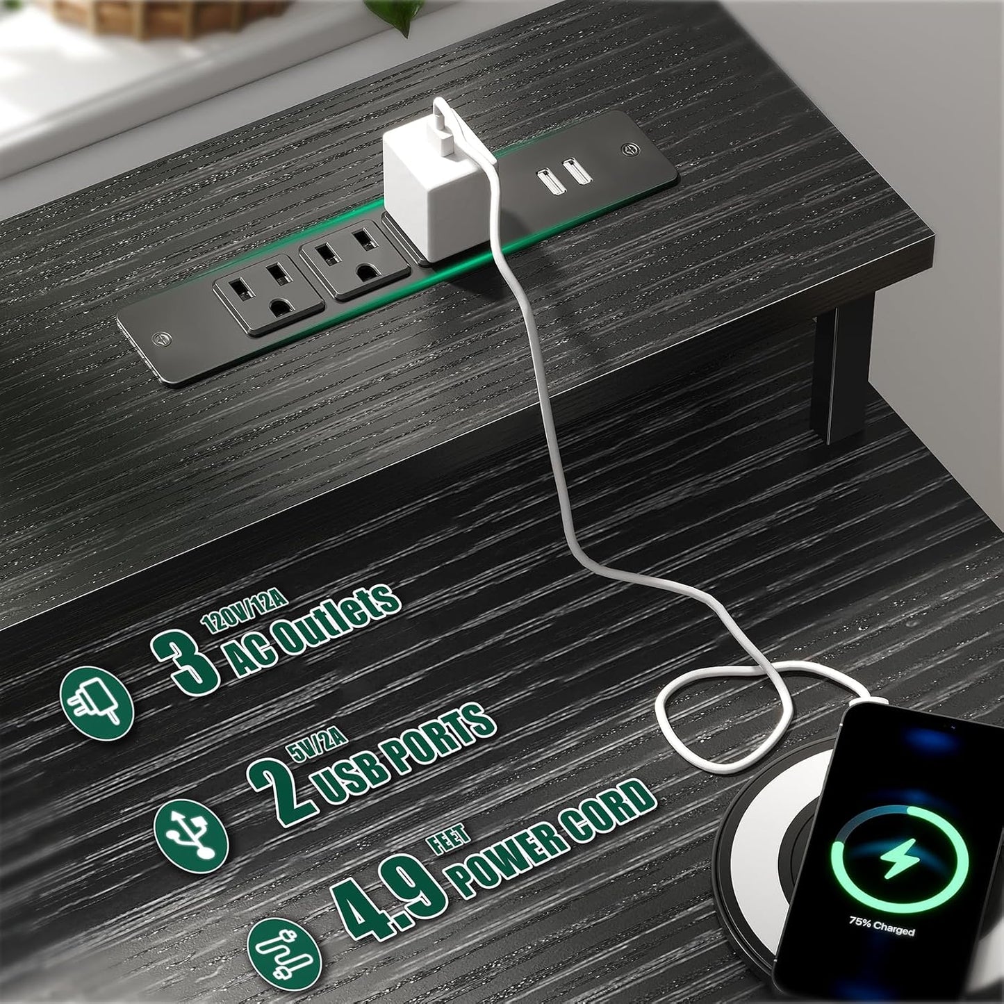 47 Inch Computer Desk with 5 Fabric Storage Drawers,Gaming Desk with Power Outlets & LED Lights,Reversible Home Office Desk with Monitor Stand for Working Writing Study, Black