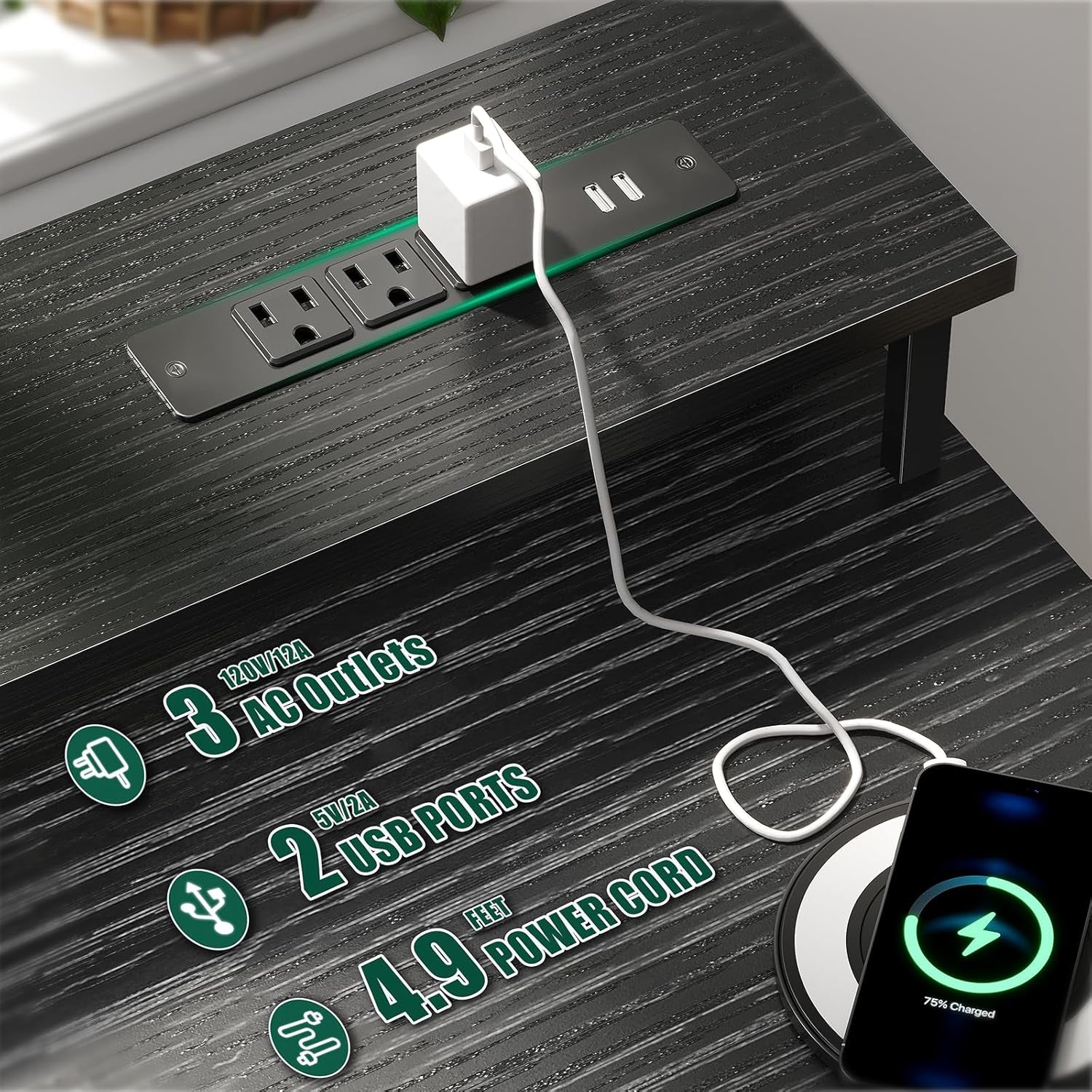 47 Inch Computer Desk with 5 Fabric Storage Drawers,Gaming Desk with Power Outlets & LED Lights,Reversible Home Office Desk with Monitor Stand for Working Writing Study, Black