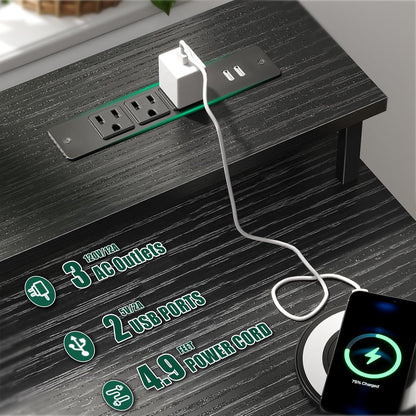 47 Inch Computer Desk with 5 Fabric Storage Drawers,Gaming Desk with Power Outlets & LED Lights,Reversible Home Office Desk with Monitor Stand for Working Writing Study, Black