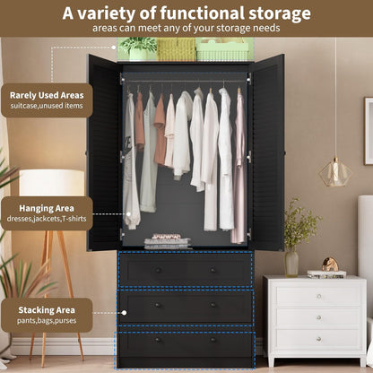 Armoire Wardrobe Closet with Drawers, 69.5 in Wooden Wardrobe Cabinet with Hanging Rod, 2 Doors Clothing Storage Cabinet for Bedroom, Large Capacity Storage, Louvered Door, Black