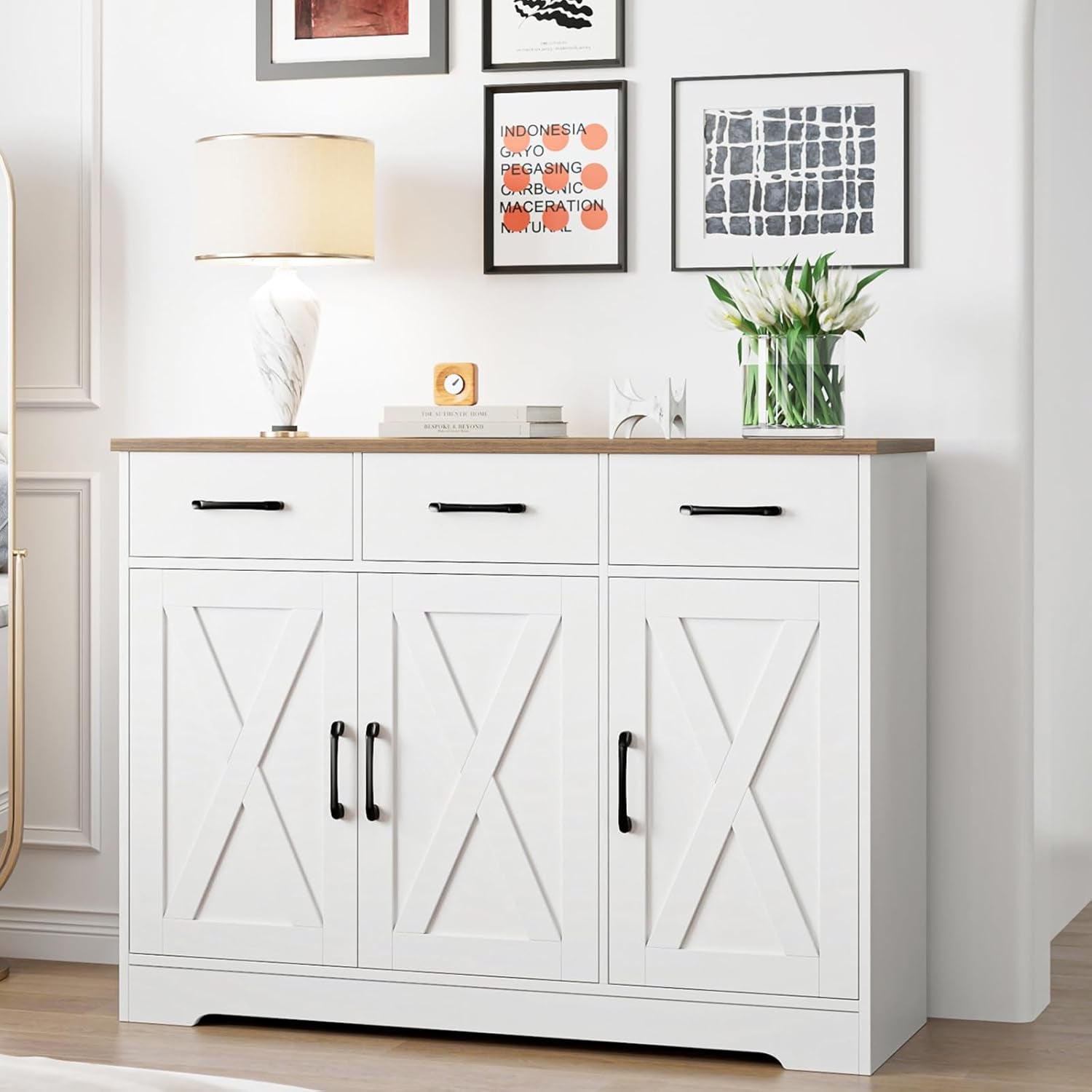 Modern Farmhouse Sideboard Buffet Cabinet, Barn Doors Buffet Storage Cabinet with Drawers and Shelves, Wood Coffee Bar with Storage for Kitchen, Dining Room, Living Room, White