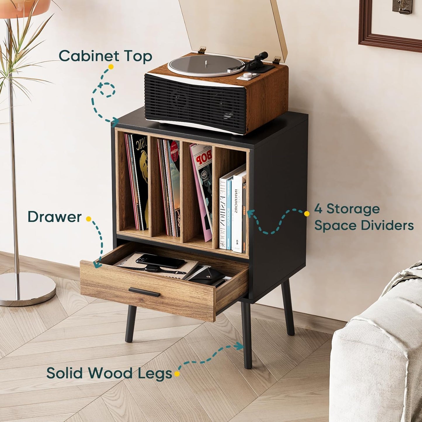 Record Player Stand with Nesting Vinyl Storage Crate, Record Player Table with a Drawer and Solid Wood Legs, Side End Table for Turntables for Living Room Bedroom