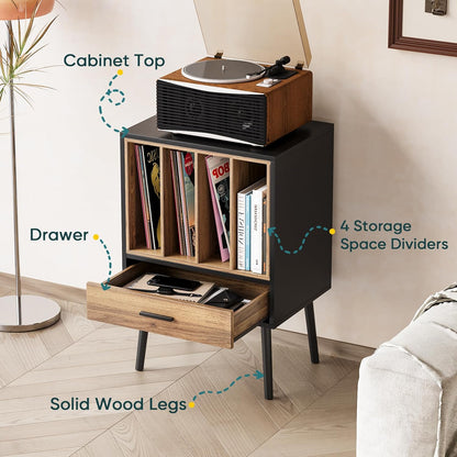 Record Player Stand with Nesting Vinyl Storage Crate, Record Player Table with a Drawer and Solid Wood Legs, Side End Table for Turntables for Living Room Bedroom