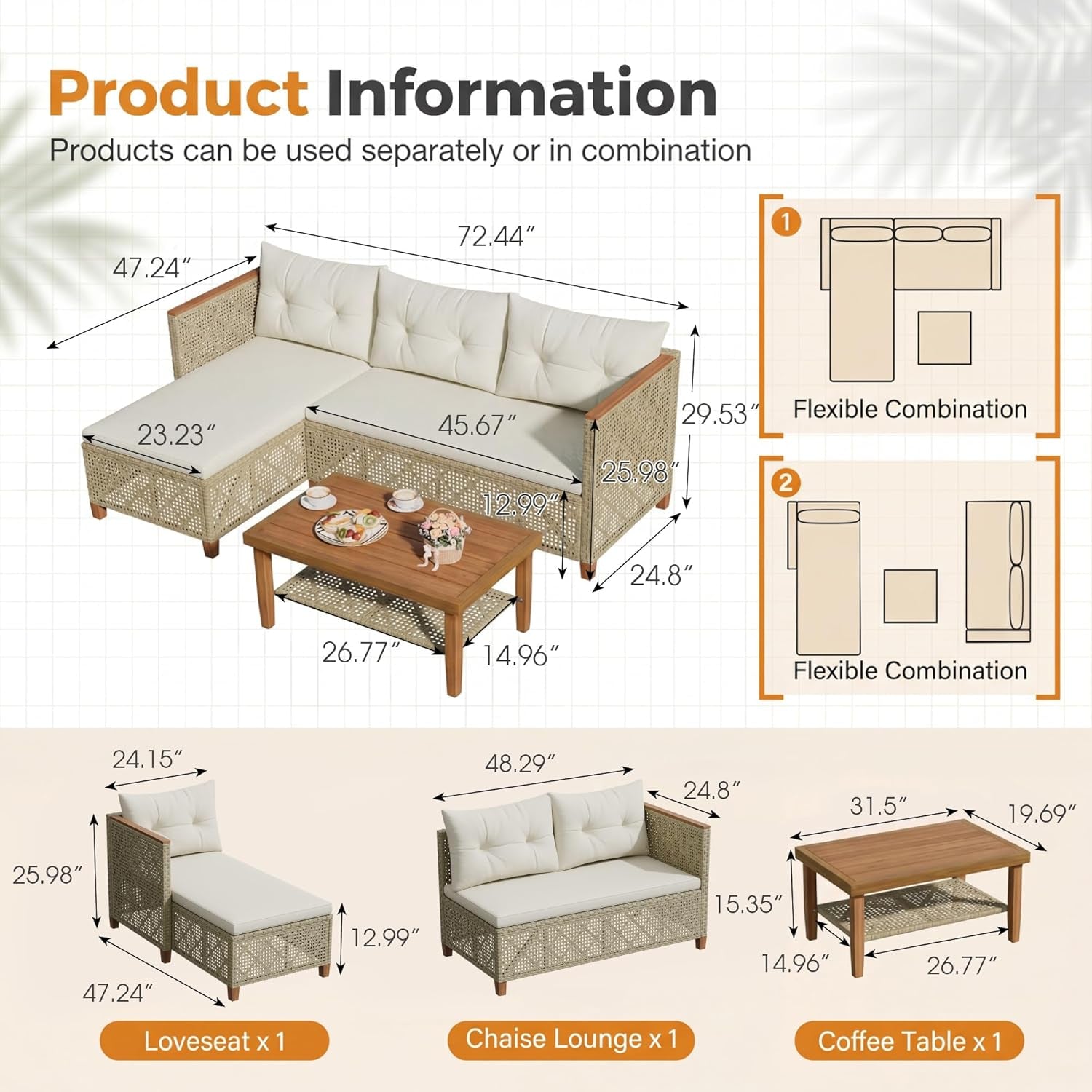 Wicker Patio Furniture Set, 3 Pieces Outdoor Sofa with Tufted Pillow,Pe Rattan Small Sectional Couch Set for Backyard, Deck,Porch & Poolside(Brown)