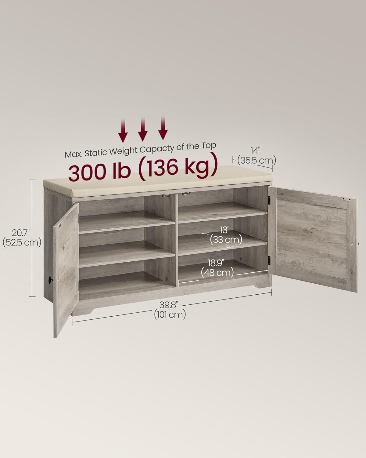 Shoe Storage Bench with Cushion, 3-Tier Entryway Bench with Padded Seat, Doors, Adjustable Shelves, 14 X 39.8 X 20.7 Inches, Hallway, Bedroom, Heather Greige and Cappuccino Beige ULSB044L01