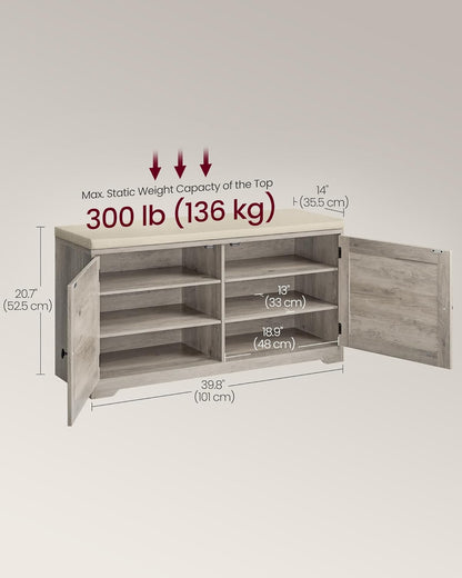 Shoe Storage Bench with Cushion, 3-Tier Entryway Bench with Padded Seat, Doors, Adjustable Shelves, 14 X 39.8 X 20.7 Inches, Hallway, Bedroom, Heather Greige and Cappuccino Beige ULSB044L01