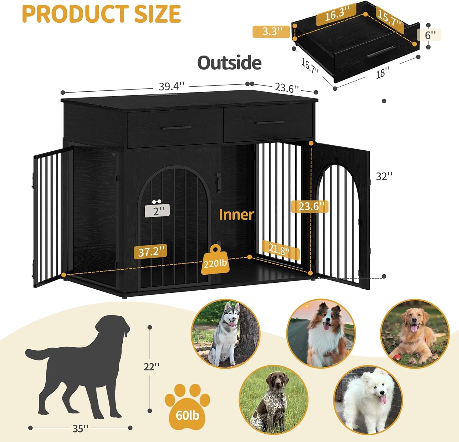 39.4'' Large Dog Crate Furniture with 2 Storage Drawers, Heavy Duty Dog Kennel Indoor with Charging Station, Wooden Dog Cage End Table Kennel for Medium/Large Dogs, White Brown DFC84214B