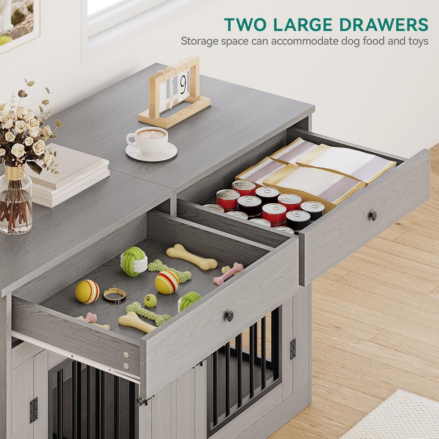 60" Wooden Dog Crate Furniture with Removable Divider & Storage Drawers, Double Door Kennel with Locks for Medium and Large Dogs, Multi-Functional Dog Crate End Table for Indoor Use, Grey