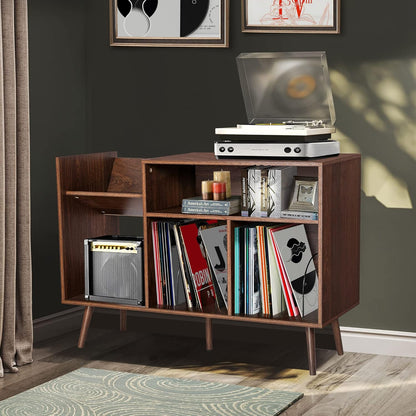 Record Player Stand, Mid-Century Modern Vinyl Record Storage Cabinet Table with Wood Legs, Turntable Stand Record Holder Holds up to 300 Albums for Living Room, Bedroom