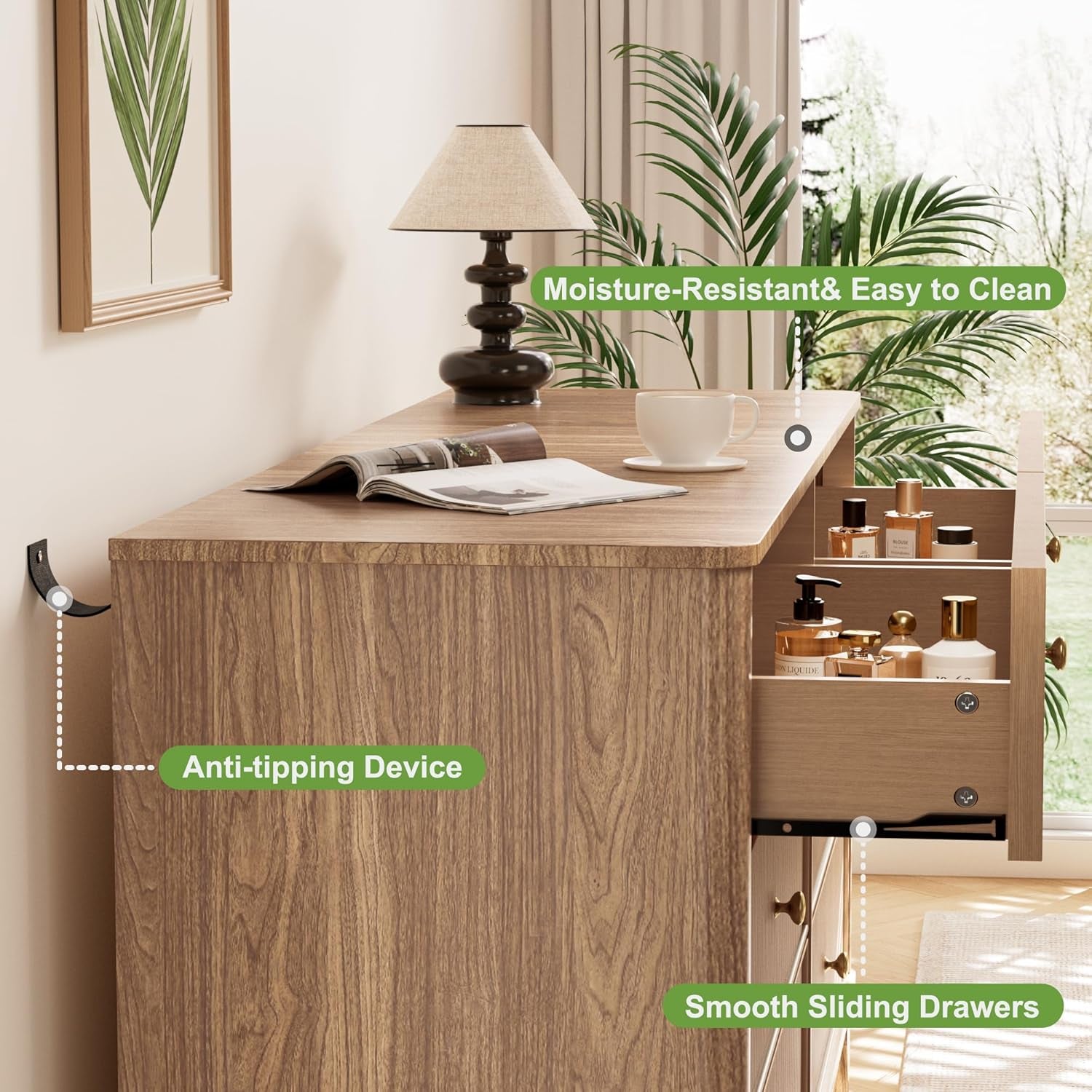 Fluted 6 Drawers Dresser, 54" Wide Modern Chest of Drawers with round Corners, Wooden Dresser TV Stand, Wood Drawer Organizer for Bedroom, Living Room, Hallway