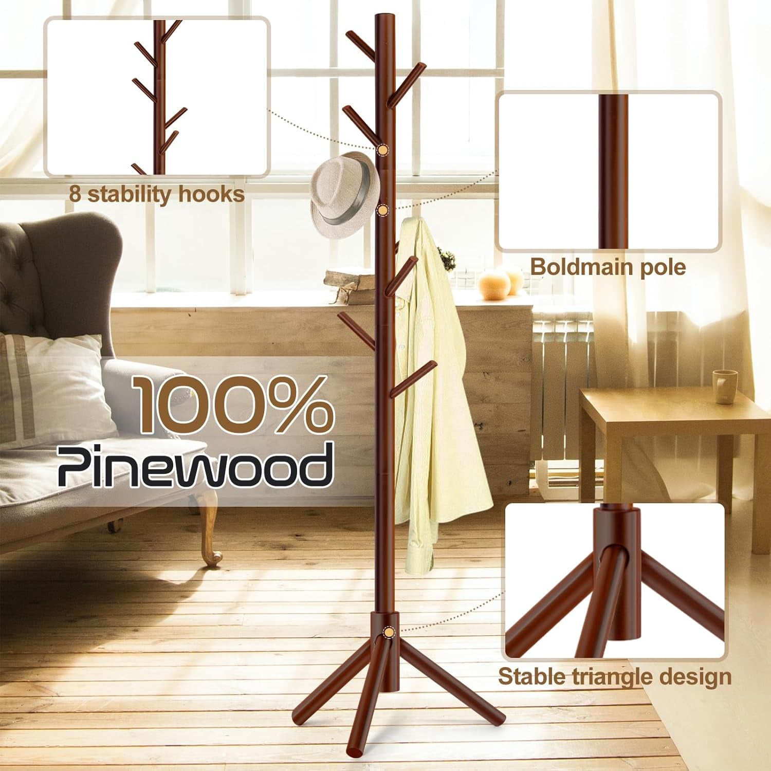 Solid Wooden Coat Rack Freestanding, New Zealand Pine Coat Tree with 8 Hooks & 3 Adjustable Sizes for Coats, Hats, Handbags and Scarves, Space Saving for Entryway/Office/Bedroom (Brown)