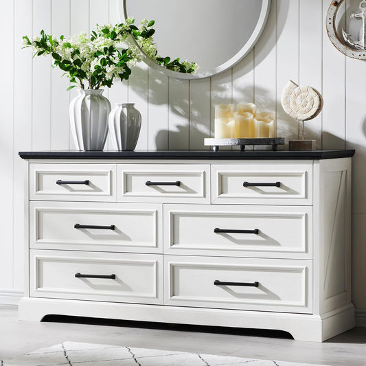 7 Drawer Dresser, Farmhouse Chest of Drawers for Bedroom, 52" Wide Dresser TV Stand with Large Metal Handles, Wood Drawer Organizer for Living Room, Hallway - off White