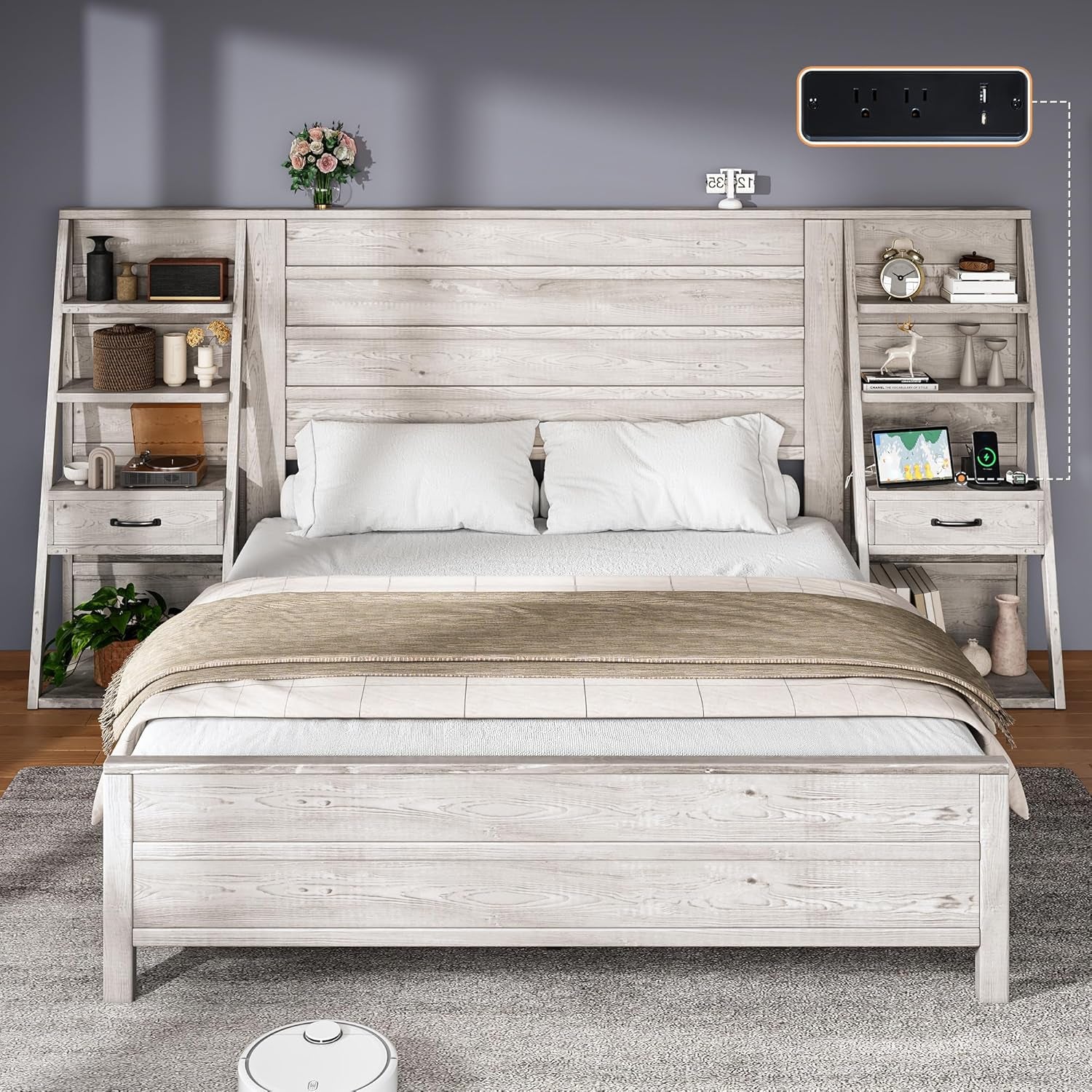 Queen Bed Frame with Bookcase Headboard & 4-Tier Bedside Shelf, Farmhouse Platform Bed with Charging Station and 2 Drawers, Noise-Free, No Box Spring Needed, Rustic White