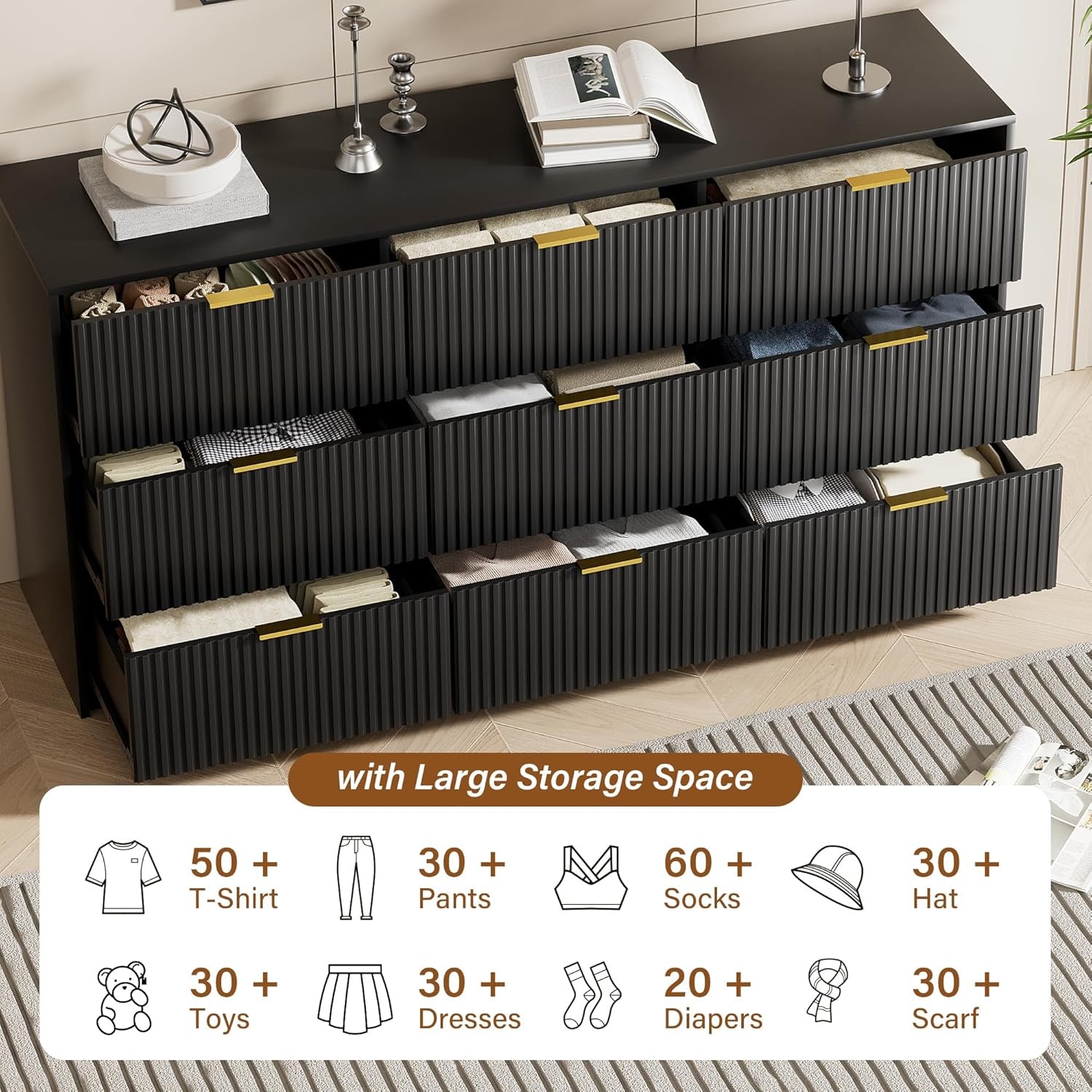 Black Dresser for Bedroom, Modern Dresser with 9 Drawers and Smooth Slides, Wide Chest of Drawers with Golden Handles for Bedroom, Living Room, Closet, 15.7" D X 63" W X 31.5" H