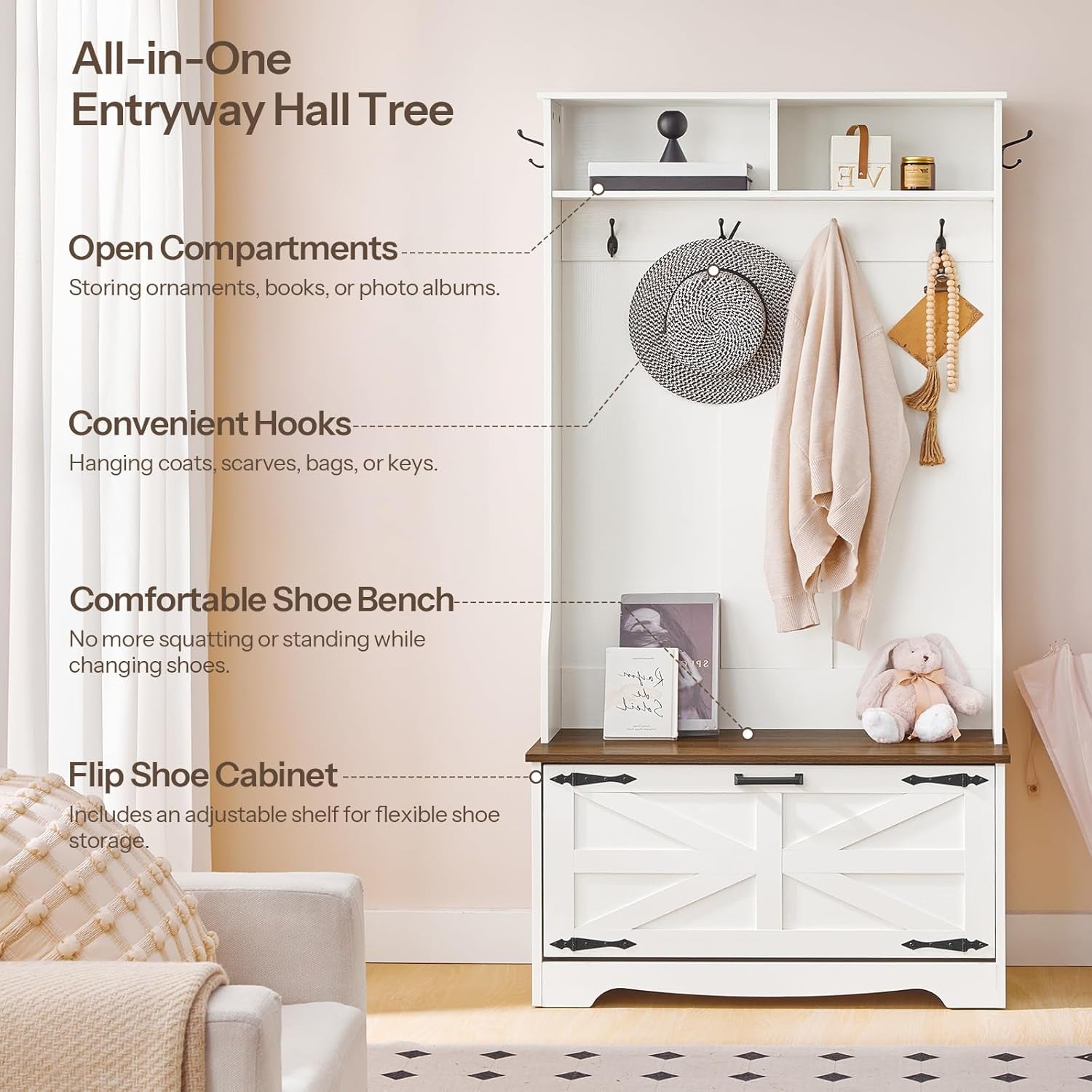 Hall Tree with Bench, Entryway Bench with Coat Rack and Shoe Cabinet, Flip Drawers, Farmhouse Hall Tree with Shoe Organizer, Mud Room, White and Walnut WH85MT01