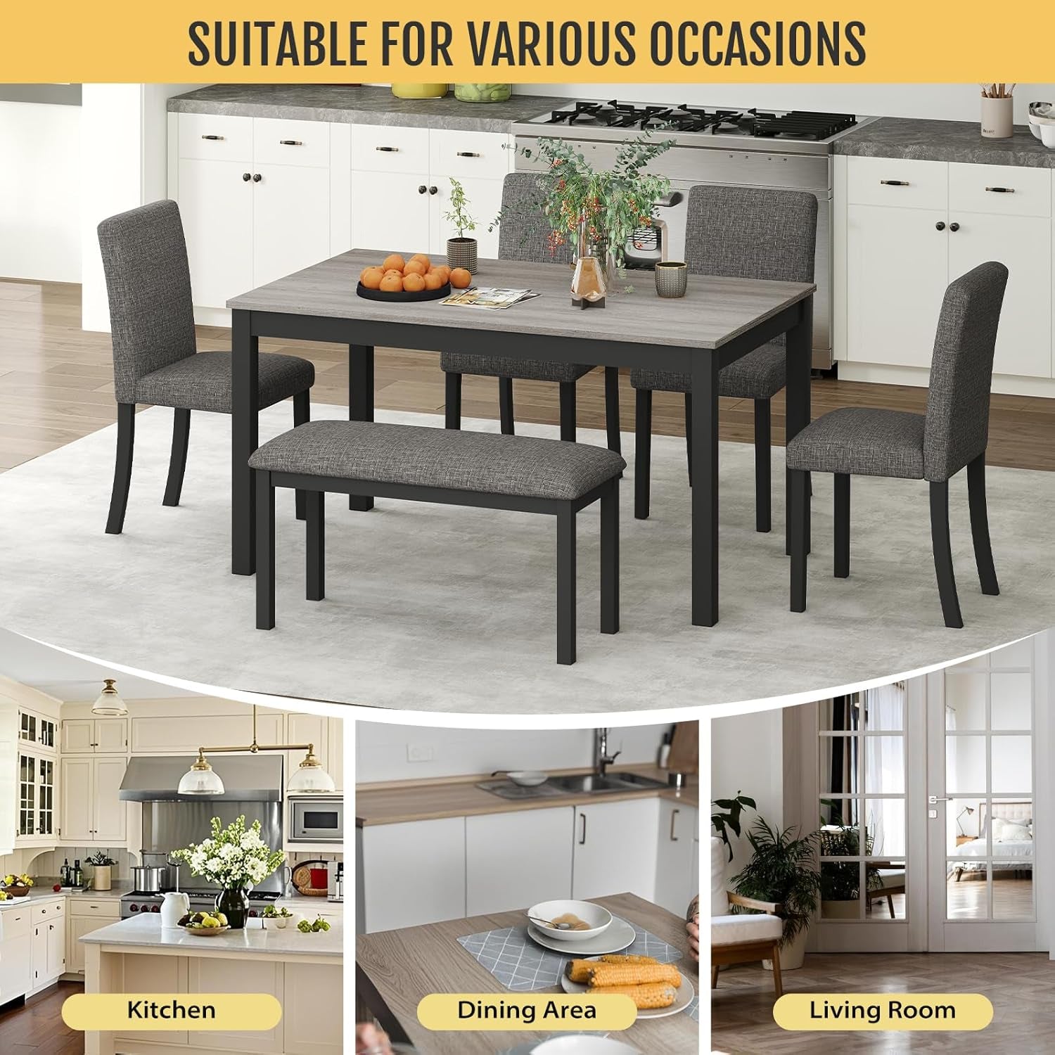 6-Piece Solid Wood Dining Table Set, Including 1 Dining Table, 4 Upholstered Chairs and 1 Bench, Wooden Legs Dining Table Set for Dining Room, Kitchen, Restaurant, Dark Grey